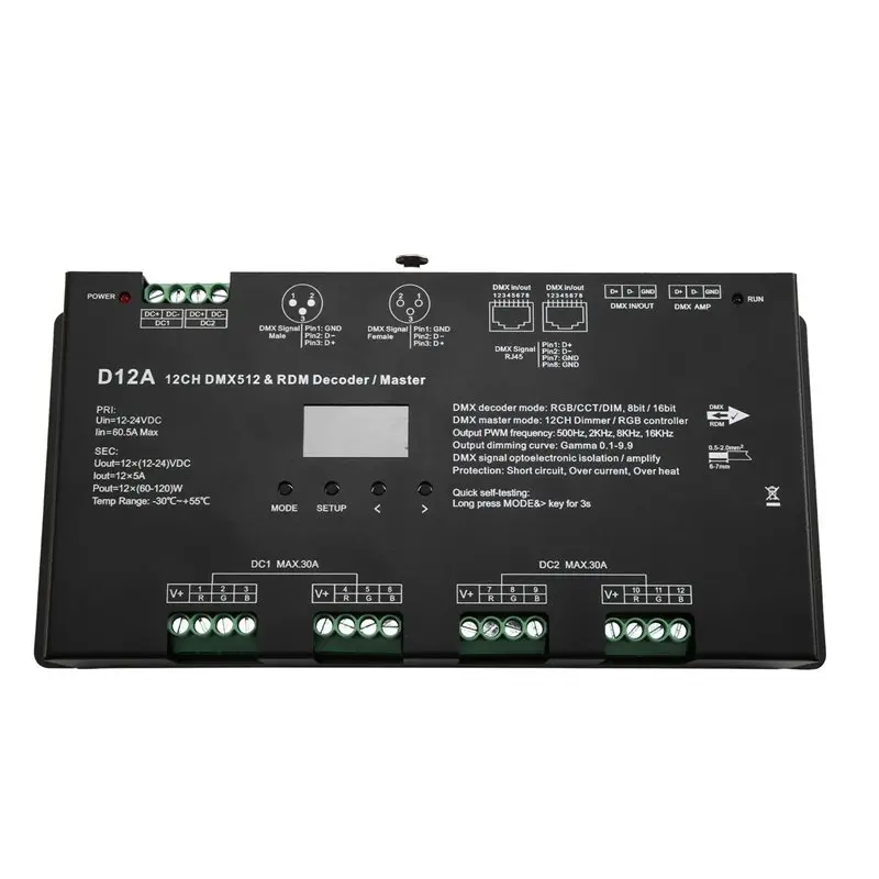 A99E-D12A 12Chx5a 12-24VDC CV OLED DMX512 Decoder 4 PWM Frequency For RDM DMX Master Dimming, CCT/RGB Decoding Mode Selectable