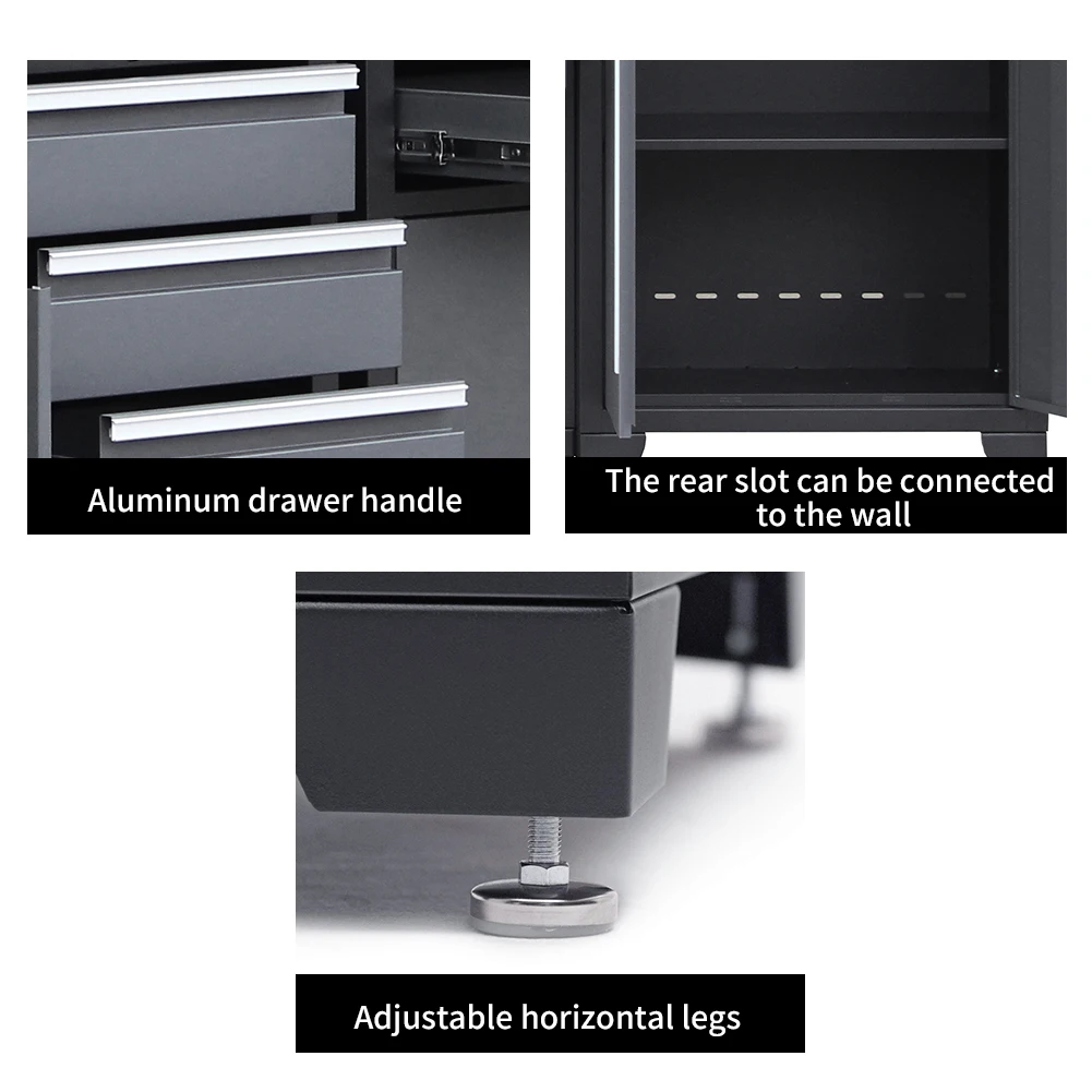 9-Piece Workshop Storage HPDMC Cabinet Set in Grey with Workbench - for Organizing Tools - Included Steel Cabinets Drawers