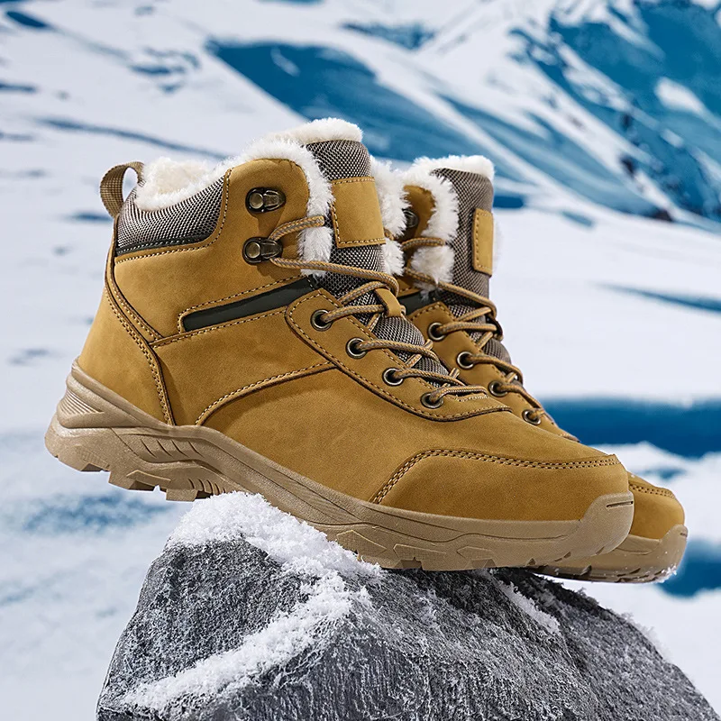 Botas de Nieve para Hombre, Forradas de Lana, Cálidas, con Cordones, de Caña Alta, de Cuero, Antideslizantes, Resistentes al Desgaste, para Exteriores, de Doble Uso, para Nieve y Senderismo