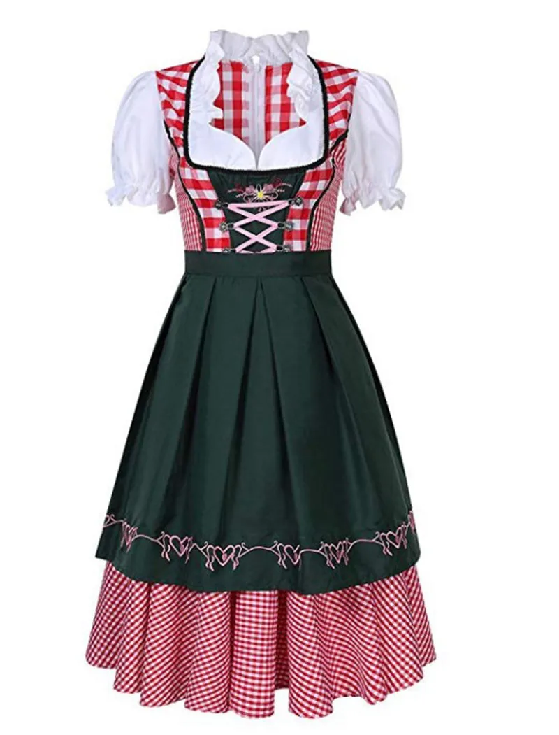 Traditional Bavarian Oktoberfest Costumes Plaid Dirndl Dresses Women Apron Dress German Beer Wench Maid Cosplay Party Dress