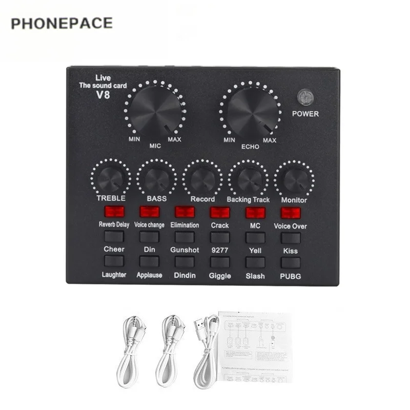 

PHONEPACE V8/V8S USB-микшер с аудиоинтерфейсом — звуковая карта потоковой передачи/трансляции для ПК/телефона, поддерживает микрофон гарнитуры