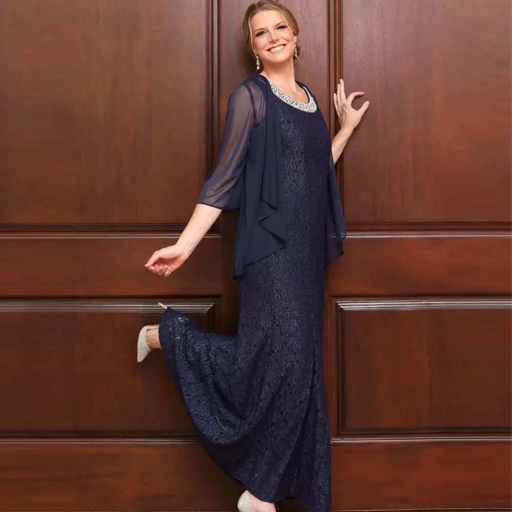 

Customized 2 Pieces Beaded Lace Applique Mother of Bride Dresses With Jacket Mermaid Long Wedding Party Dresses