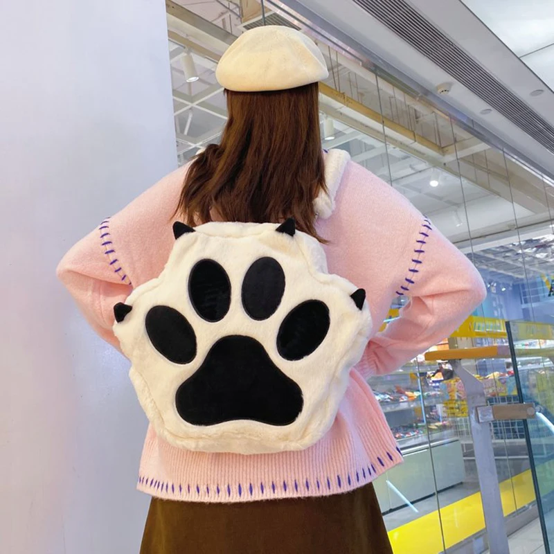 Cute Cat Claw Backpack Plush Crossbody Versatile Japanese Girl Cartoon Backpack Kawaii Fluffy Storage Shoulder School Bags Gift