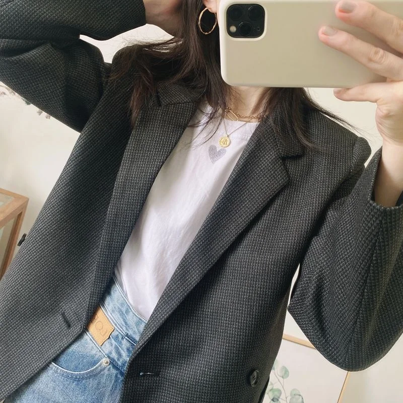 

Женский шерстяной пиджак оверсайз в клетку для весны и осени, свободный крой, на пуговицах