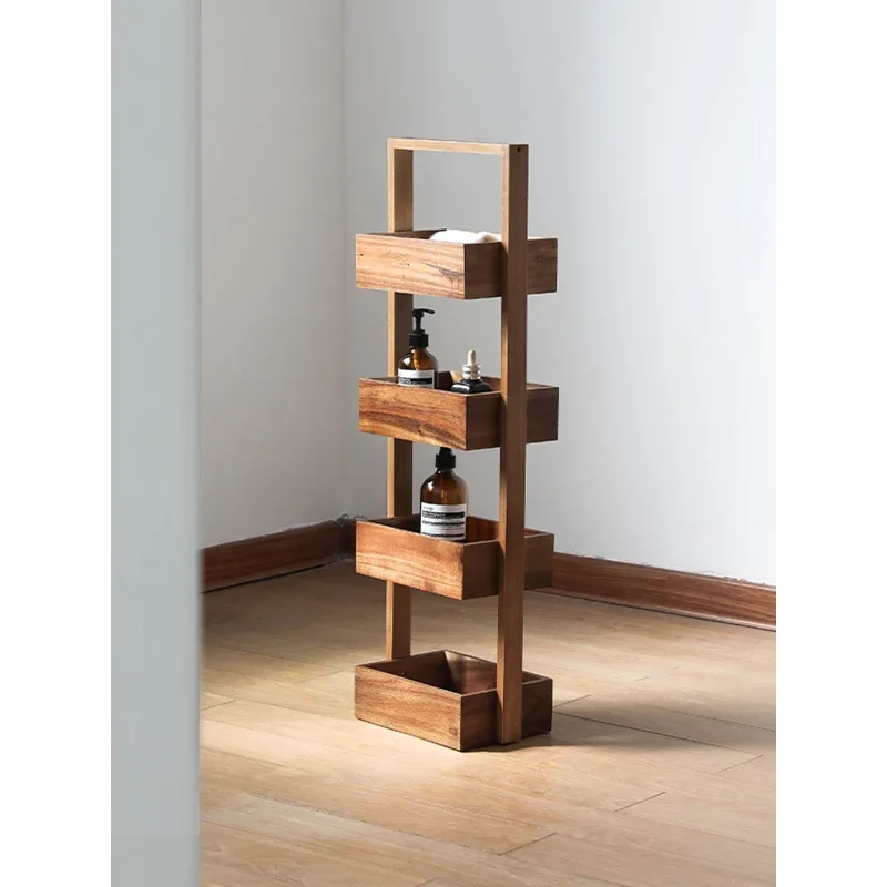 Acacia Wood Floor Storage Rack, Mid-Century Rustic Multi-Grid Solid Wood Organizer Shelf for Living Room Balcony Entryway