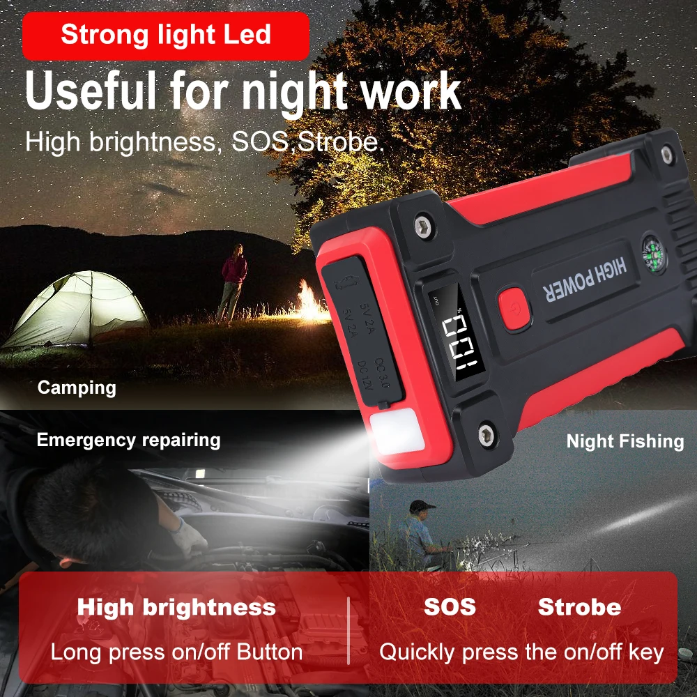 2000A Battery Jumper Starter Portable (for 6.0L Gas or 5.0L Diesel Engine), Car Battery Jump Starter LED Light/USB QC3.0