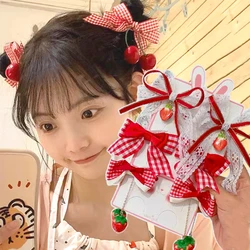 Red Tie Girls Double Lace Strawberry Hairpin Side Clips Cherry Fabric Bow Hairpin Back Head Clips Duck Beak Clips Cute Headdress