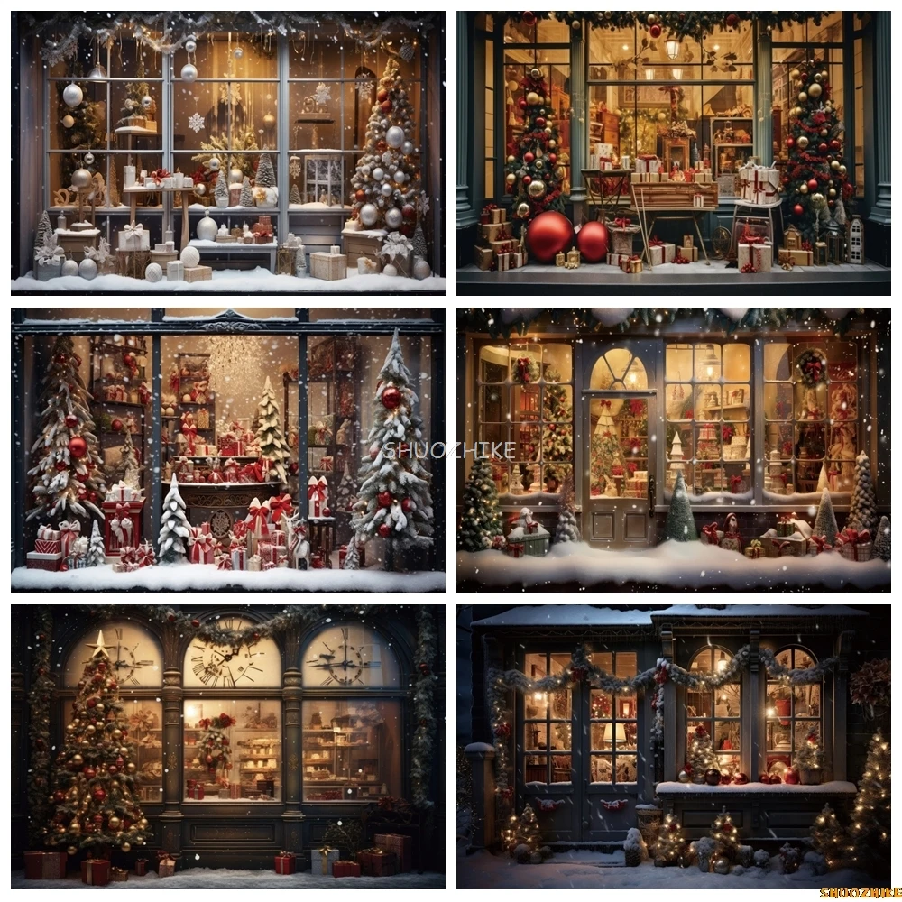 

Christmas Backdrop Xmas Tree Gifts Toy Shop Shopwindow Santa Claus Wood House Family kids Portrait Photography Background Decor