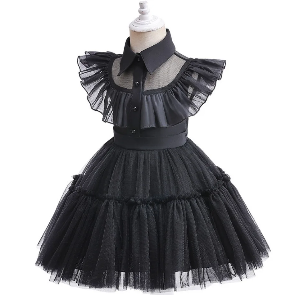 Girls Black Tulle Puffy Party Dress Ruffle Collar Tiered Skirt Formal Birthday Pageant Evening Gown Halloween Carnival TAN06