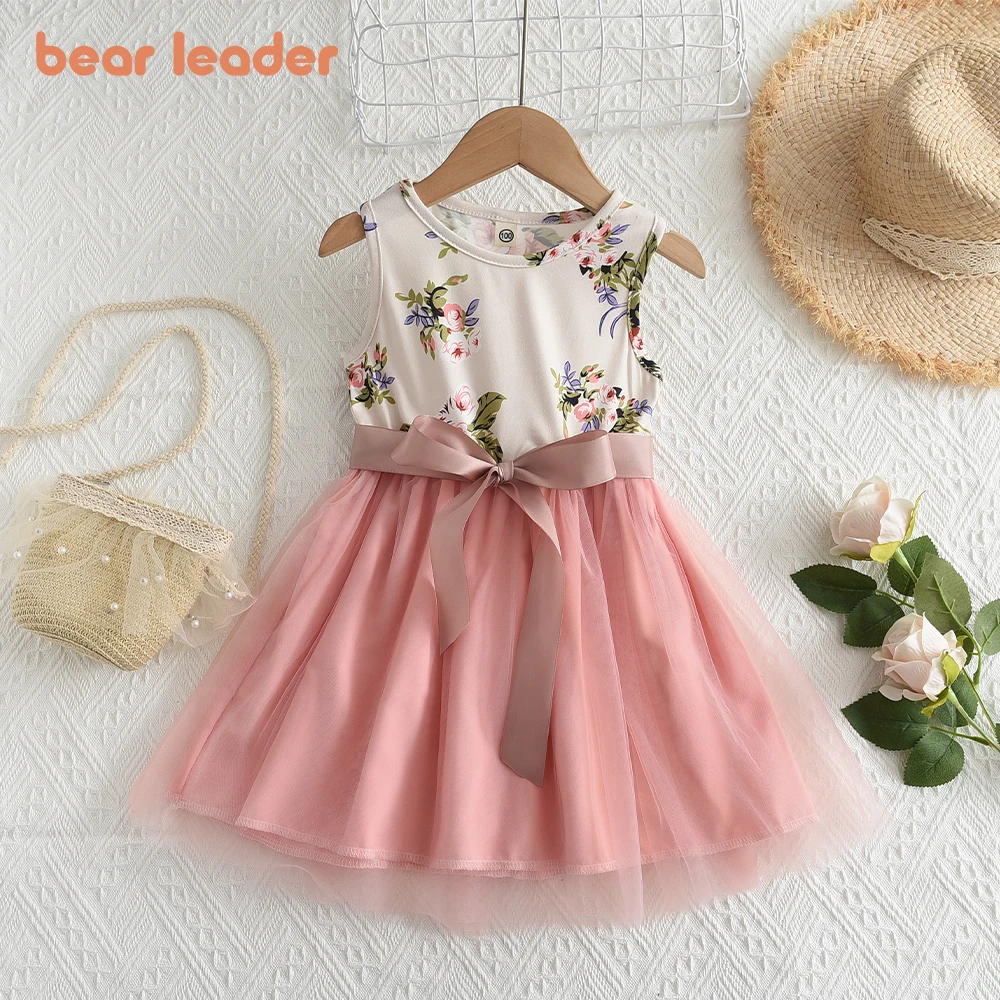 Bear Leader New Girls' Dress 2023 Summer Fashion Bow Mesh Ponchy Dress Cute Princess Dress Flower Print Sleeveless Tank Top Dres