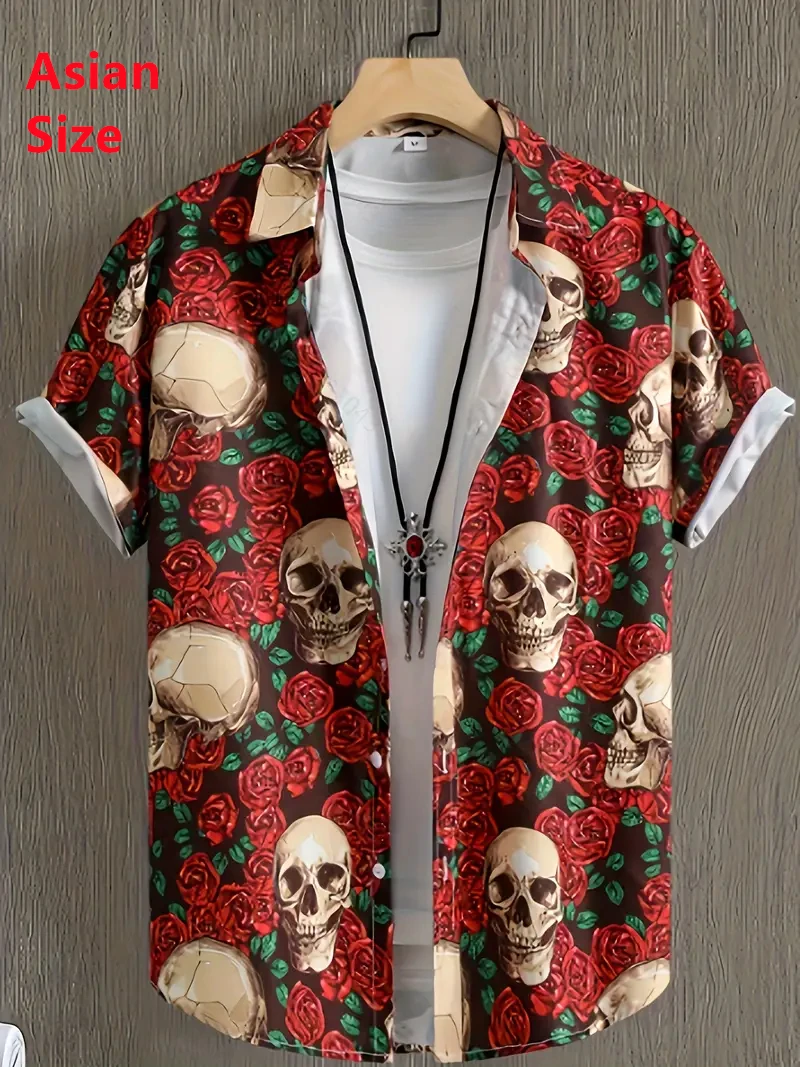 Horror Skulls Print Man Shirts Summer Hip Hop Style Short Sleeve Lapel Shirts For Men Streetwear Hawaiian Beach Holiday Shirt