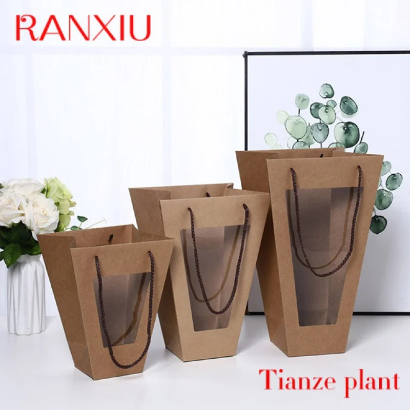 

Custom custom floral gift package kraft paper carry bag your own logo square bottom box flower bag with window