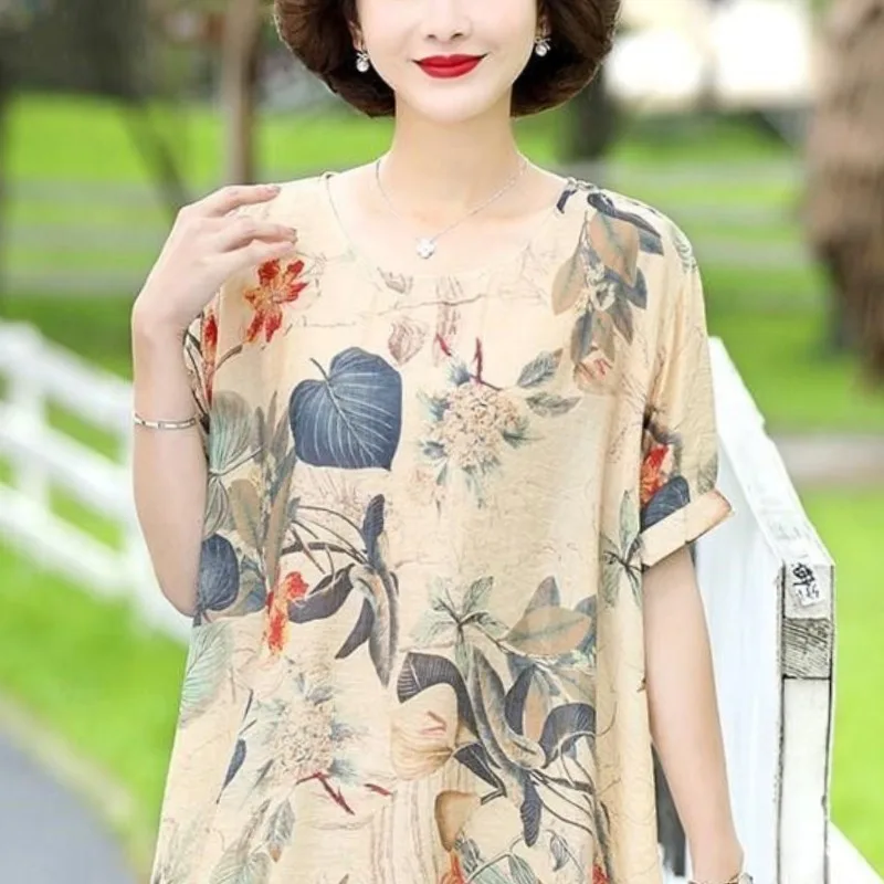 2024 New Minimalist Summer Korean Cotton Linen Half Sleeve Women\'s Crew Neck Printed Fashion Versatile Loose T-shirt Tops