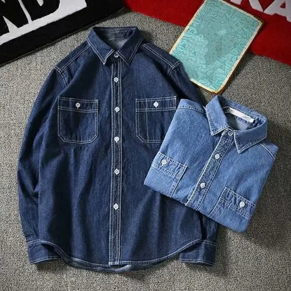 

Trendy Male Shirt Jacket Skin-touch Solid Color Handsome Turndown Collar Buttons Shirt Jacket Men Denim Shirt Streetwear