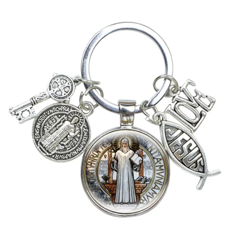 Saint Benedict Medallion Keychain Religious Jewelry I LOVE JESUS Alloy Crafts Charms Domed Glass Catholic San Benito Key Ring