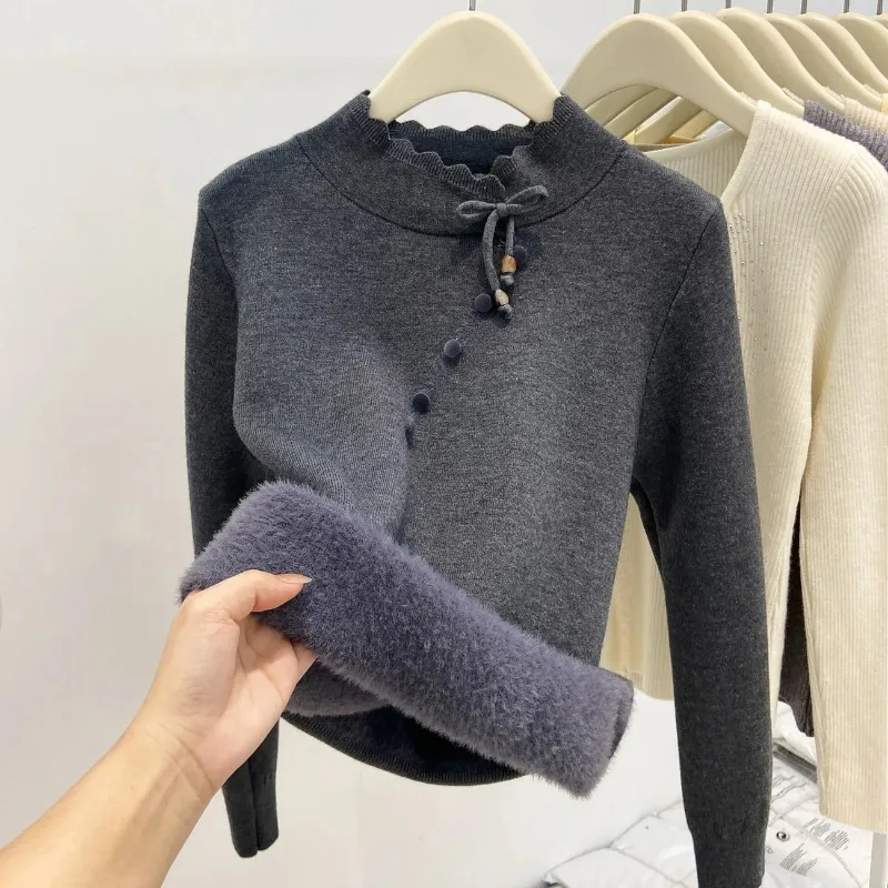 Women Fleece Lined Mock Neck Knit Sweater Bow Decor Button Detail Thick Warm Inner Wear Autumn Winter Tops