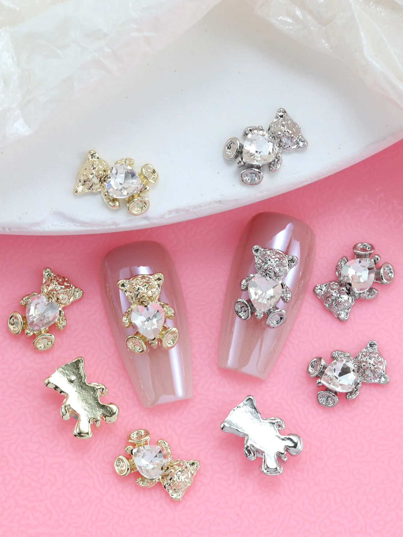 10 piezas de adornos para uñas, accesorios para uñas, mezcla de oro y plata, oso amoroso, gemas brillantes para uñas de color rosa, decoraciones de uñas de cristal DIY