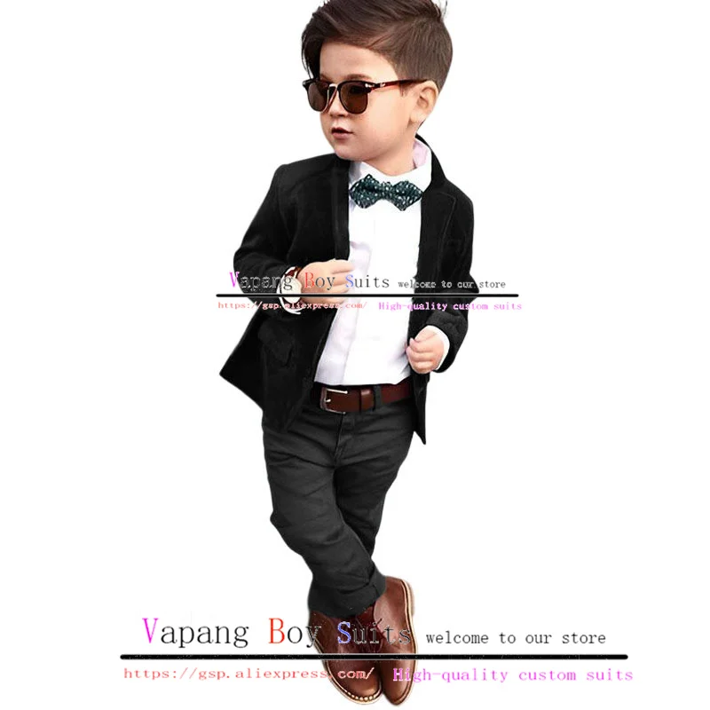 Velvet Suit for Boys Wedding Jacket Pants 2-Piece Set Dark Green Kids Clothes Keep Warm Blazer Child