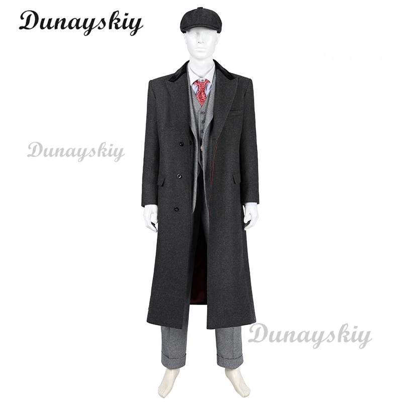 Tommy Shelby Cosplay Costume Hats Man Peaky 6 Long Trench Coat Suit Outfit Full Set Retro British Newsboy Cap Gatsby Octagonal