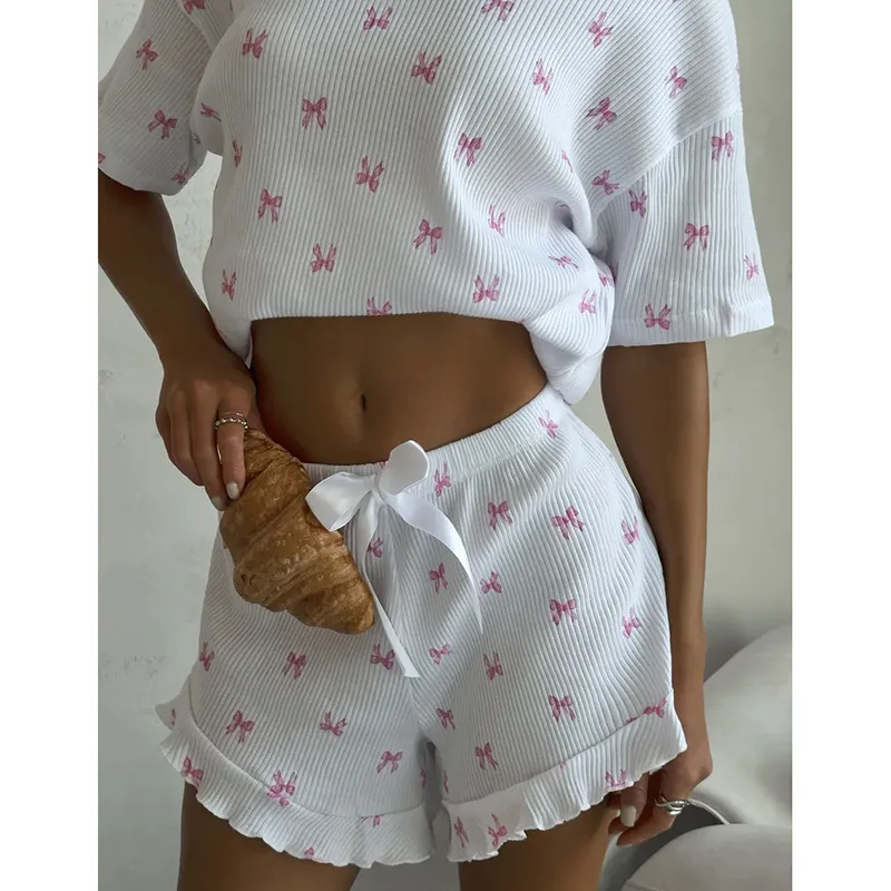 2026 New Summer Women Waffle Textured Sleepwear Set Short Sleeve Shorts Bow Print Ruffle Hem Home Wear Loungewear