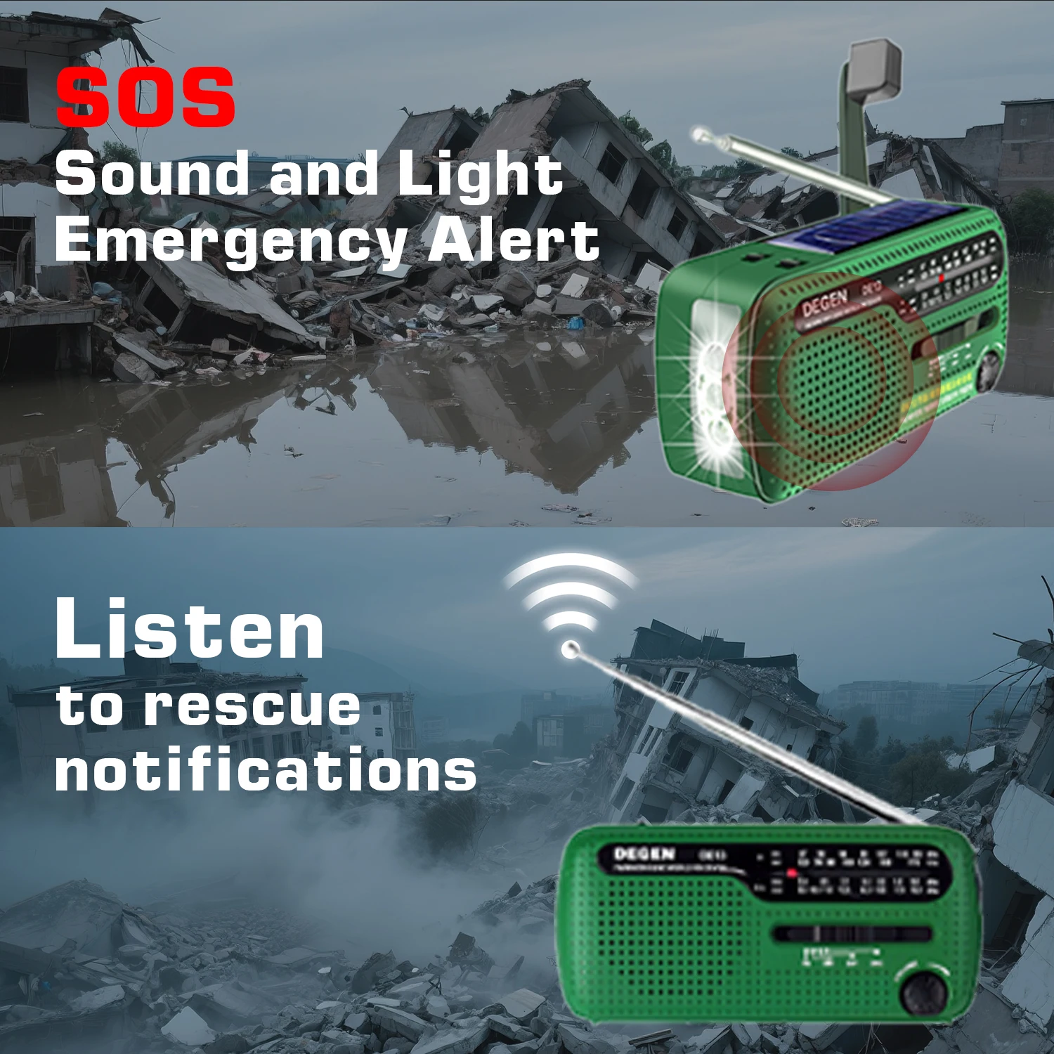 DEGEN DE13 Radio di emergenza portatile meteo FM AM SW ricevitore carica a manovella solare con torcia sveglia Power Bank