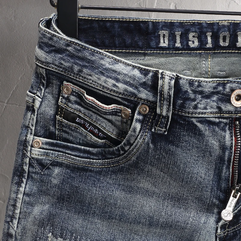 Italian Style Fashion Men Jeans Retro Washed Blue Elastic Slim Fit Ripped Jeans Men High Quality Vintage Designer Denim Pants