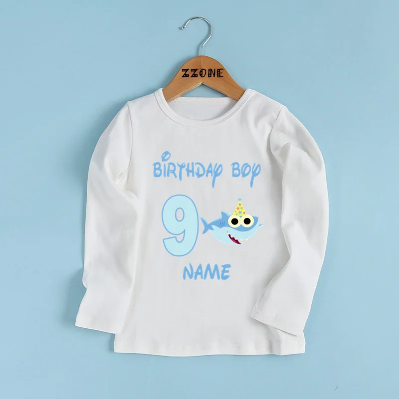 Birthday Shark Print Cartoon Kids T shirt 1 2 3 4 5 6 7 8 9 Years Customize Name Boys T-shirts Baby Girls Long Sleeve Clothes