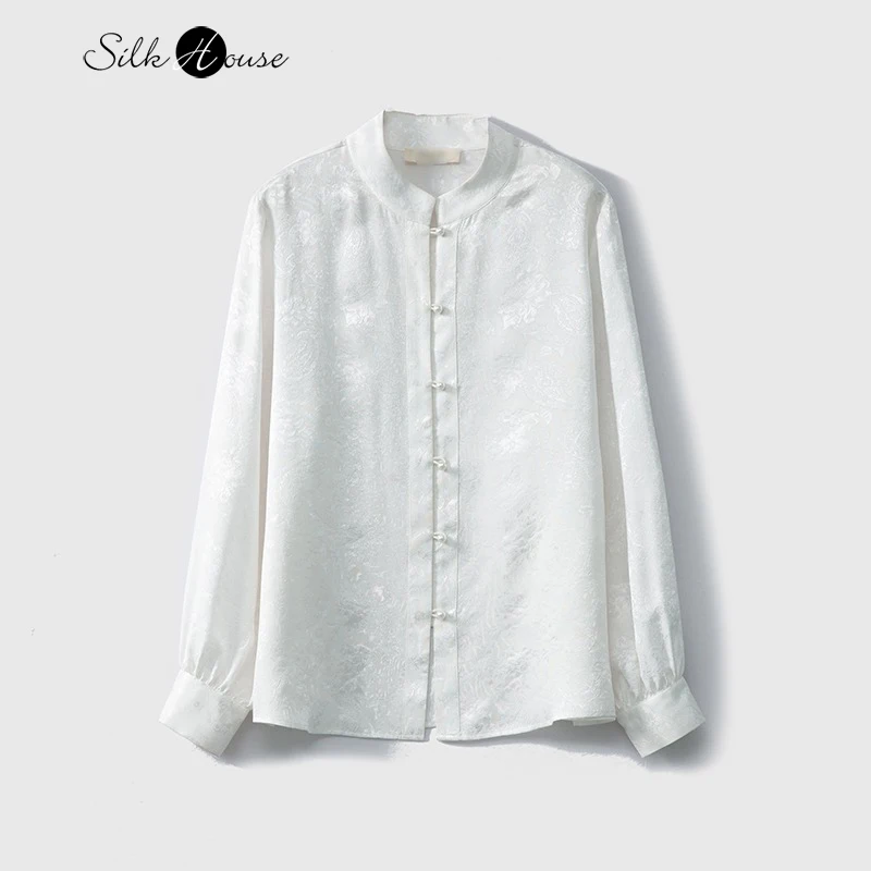 

2025 Women's Fashion Clothing 100% Natural Mulberry Silk Jacquard Flower Luo National Style Stand Up Collar Long Sleeve Shirt