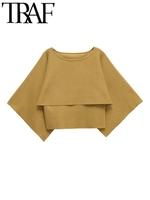 TRAF ROBE Y2K Thin Knitted Women Sweater 2025 Spring Cloak Sleeves O Neck Asymmetric Slim Pullovers Short Jumper Crop Top