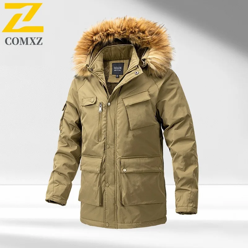COMXZ 2025 Mens Korean Thickened Fleece Long Winter Jacket American Style Waterproof And Windproof Leisure Outdoor Sports Coat
