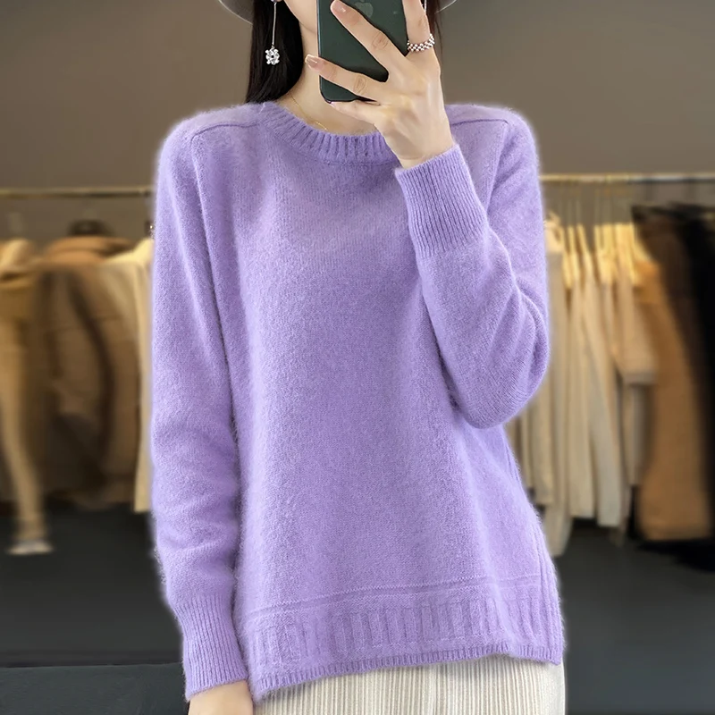 Round neck pure mink cashmere sweater for women's long sleeved warm spring and autumn loose knit pullover with solid color base