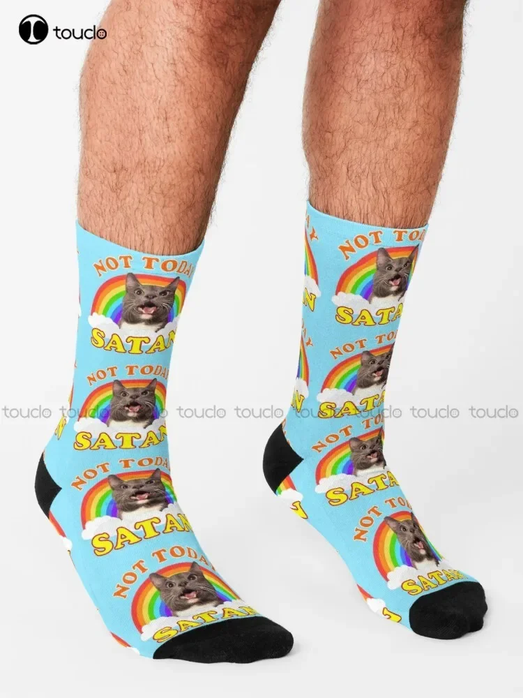 Not Today Satan! - Roger The Cat Death Metal Rainbow Smiles Socks Baseball Socks Men Personalized Custom 360° Digital Print