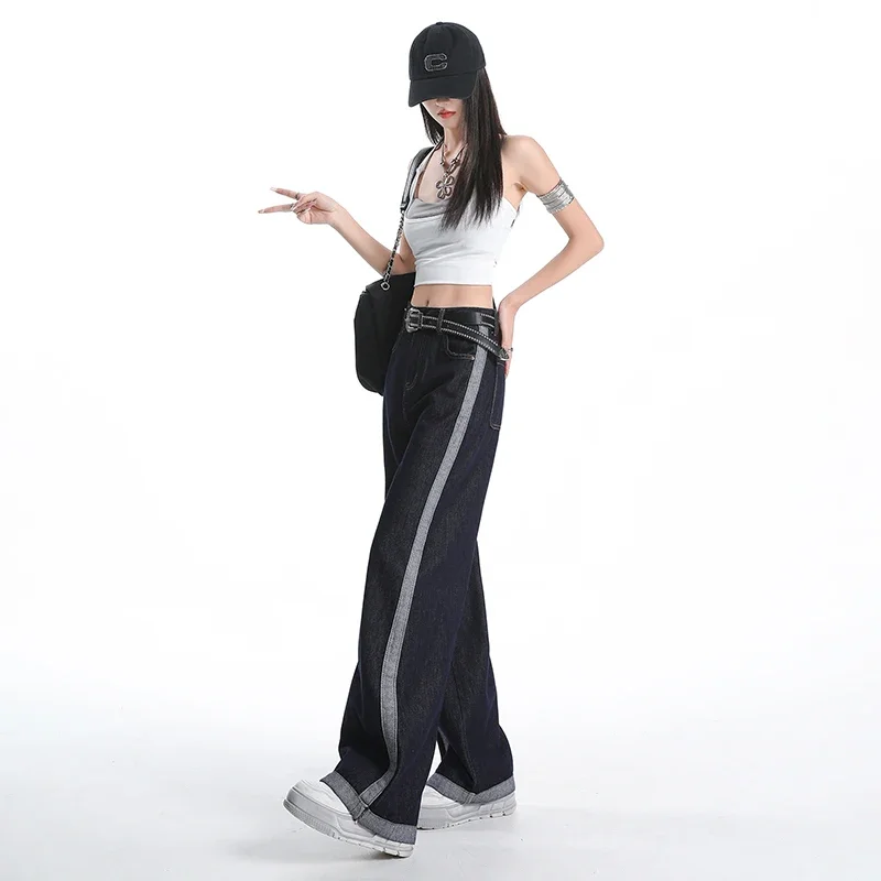 Y2K 女性コントラストスプライシングジーンズディープブルーハイウエストワイドレッグルーズフィット痩身長ズボン
