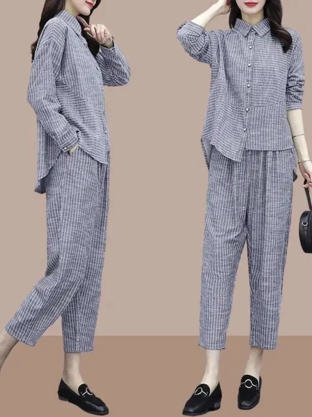 Completo Artistico a Righe Retrò Primavera 2026, Set Due Pezzi in Cotone e Lino Stile Coreano, Taglie Forti, Patchwork, Coprente, per Donna...