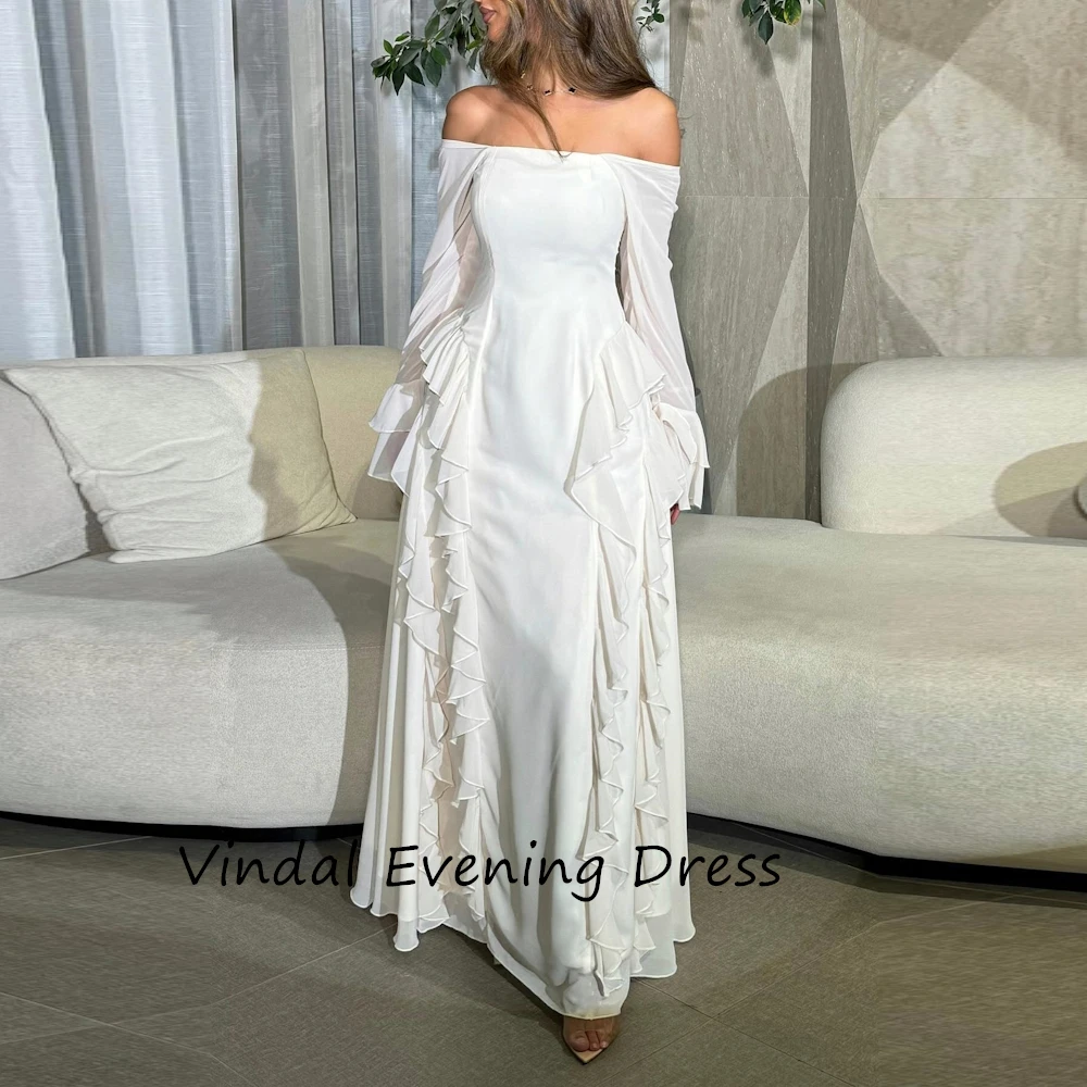 Vindal Chiffon Floor length Off-the-shoulder luxurious Ruffle A-Line Breast Padding Elegant Long Sleeves السعود For Woman 2024