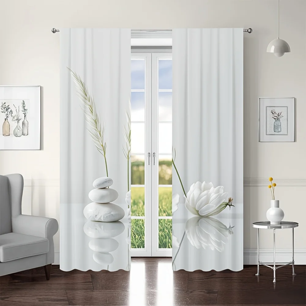 Zen Spa Curtains, White Lotus Stone Graphic Window Drapes, Minimalist Home Decor, Blackout Fabric for Living Room Bedroom