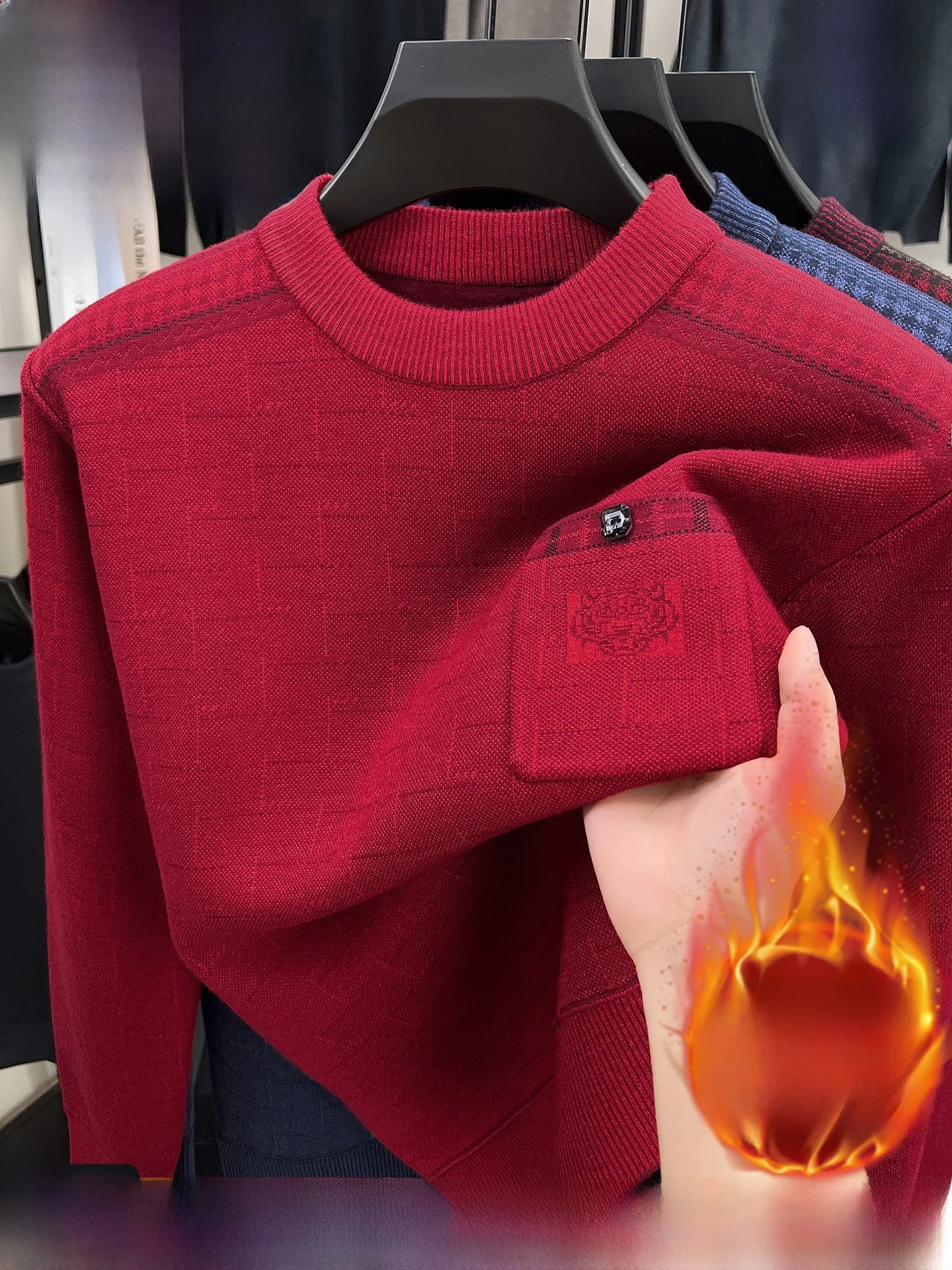 

Pierre Cardin Men's Fce Lined Thiened round Ne Sweater Woolen Casual Faion Warm Winter Clothing Red Fortuneg Year