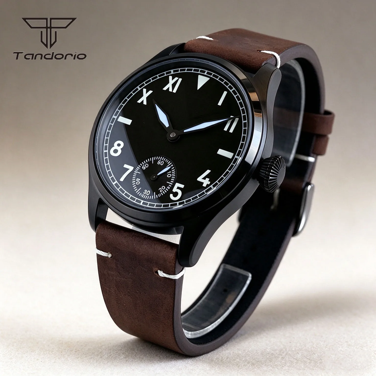 Tandorio Black PVD 42mm Hand-Winding Pilot Watch for Men ST3621 Movt Sapphire Glass Retro California Dial Asia6497 Clear Back