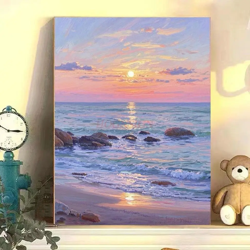 1set DIY Digital Oil Painting Seaside Beach Series Handmade Fill Color Oil Painting Decompression Healing Series