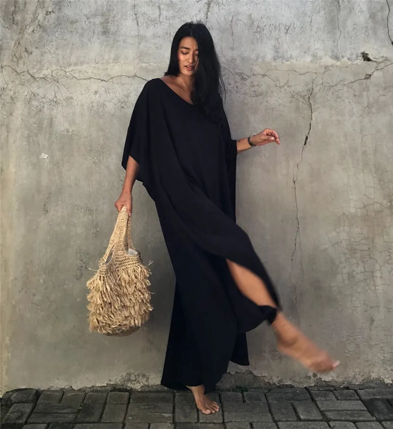 فستان قفطان نسائي مقاس كبير كاجوال برقبة على شكل حرف V قفطان طويل ناعم للشاطئ للصيف