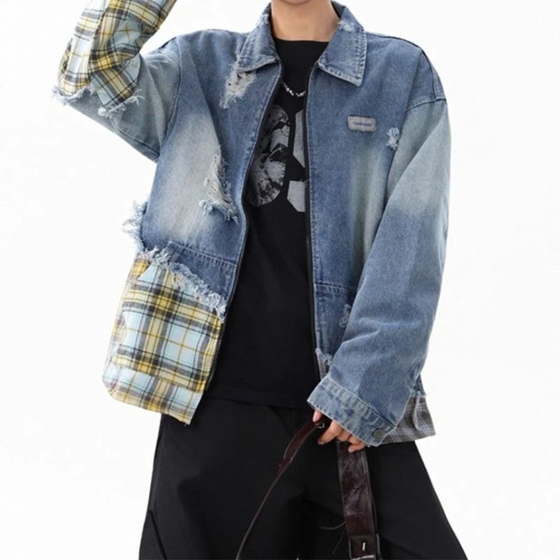 Plaid splicing denim jacket men's new retro design casual jacket men's