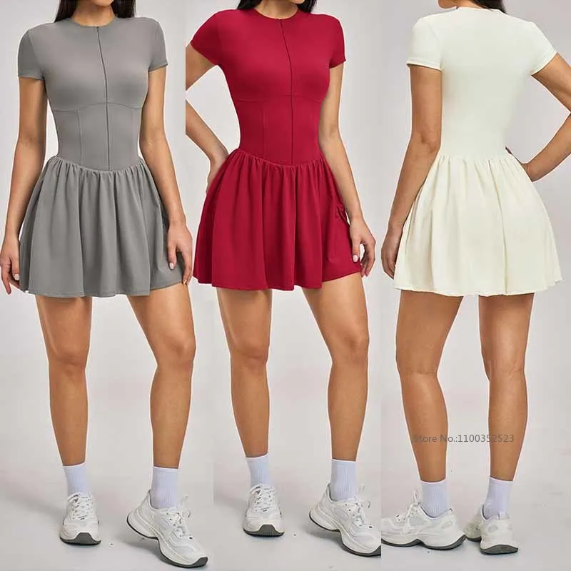 Women Zipper Round Neck Yoga Tennis Dress Short Sleeve Jumpsuit Dance Ballet Sports Dress Ladies Tennis Sports Skirt with Short