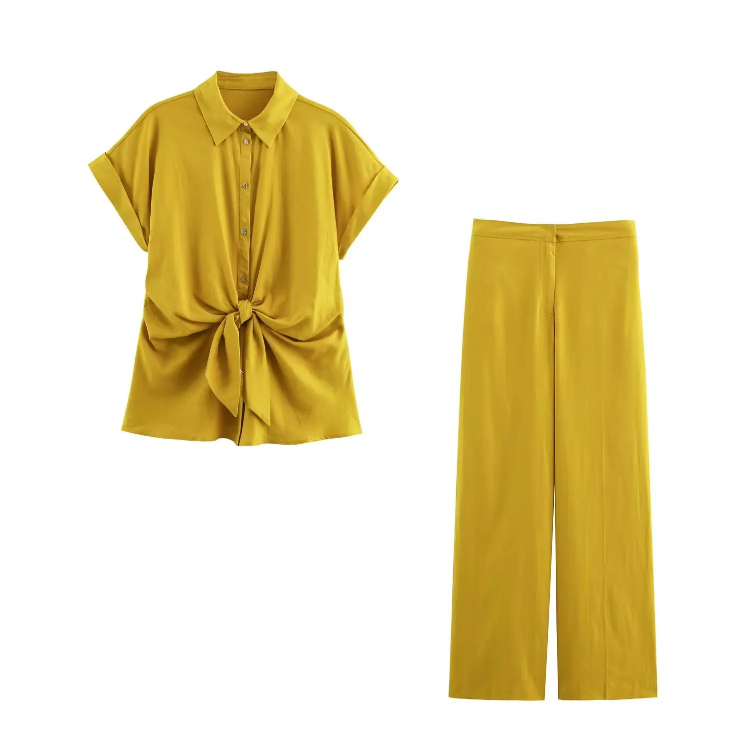 2025 New Sunflower Yellow Short Sleeve Turn Down Collar Bow Detail Shirt Wide Leg Pants Two Piece Set Women Casual Outfit