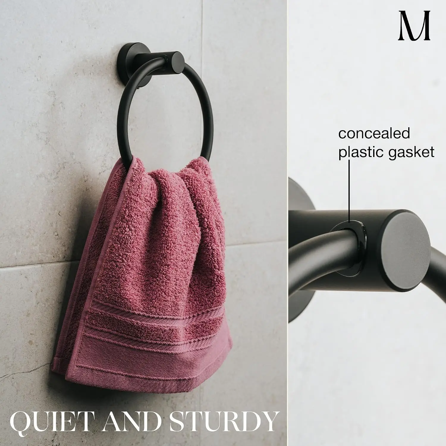 Matte Black Towel Ring for Bathroom - SUS304 Stainless Steel Wall Mounted Hand Towel Holder with Easy Install view 5