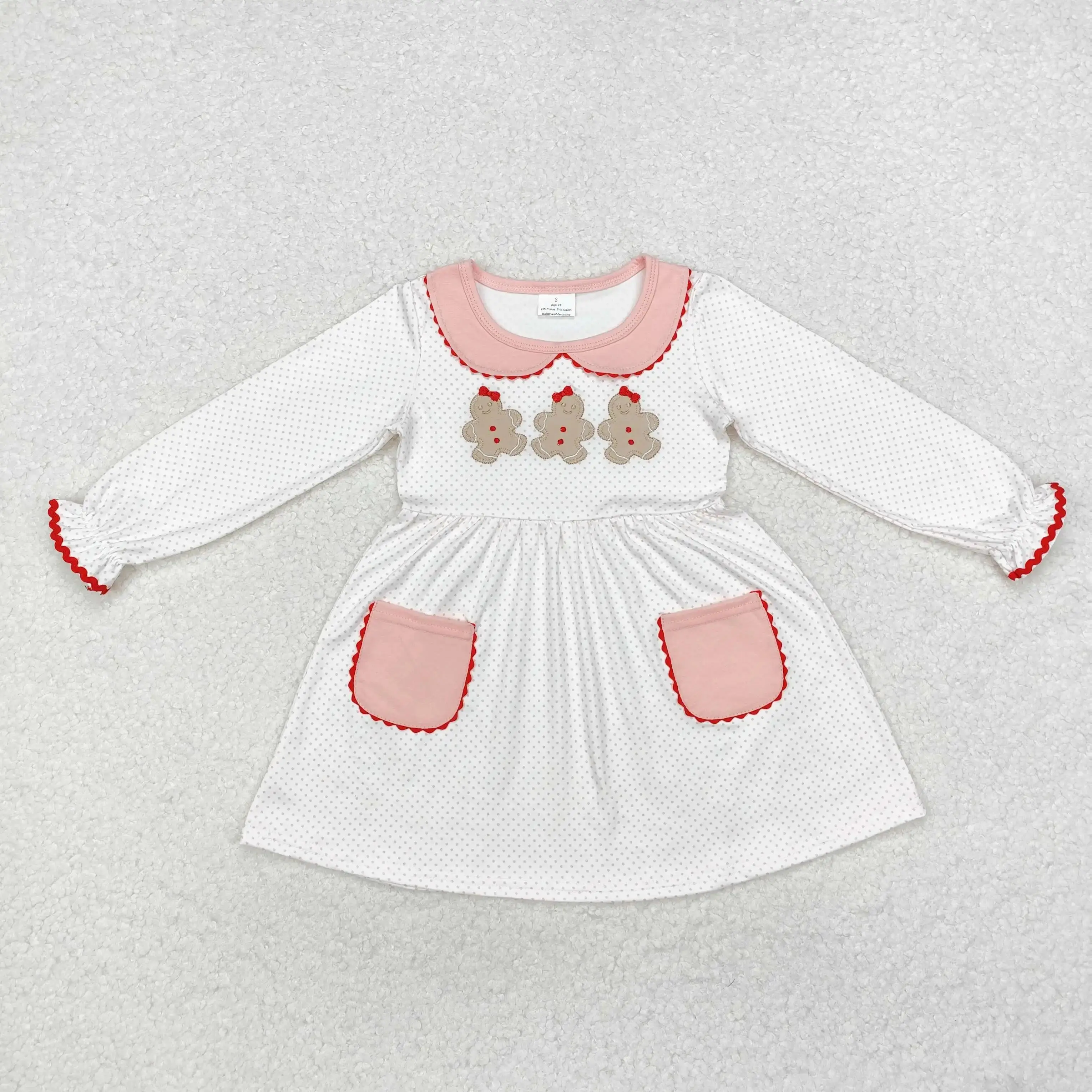 

New Arrival Gingerbread Embroidery Dots Print Pockets Girls Christmas Knee Length Dress