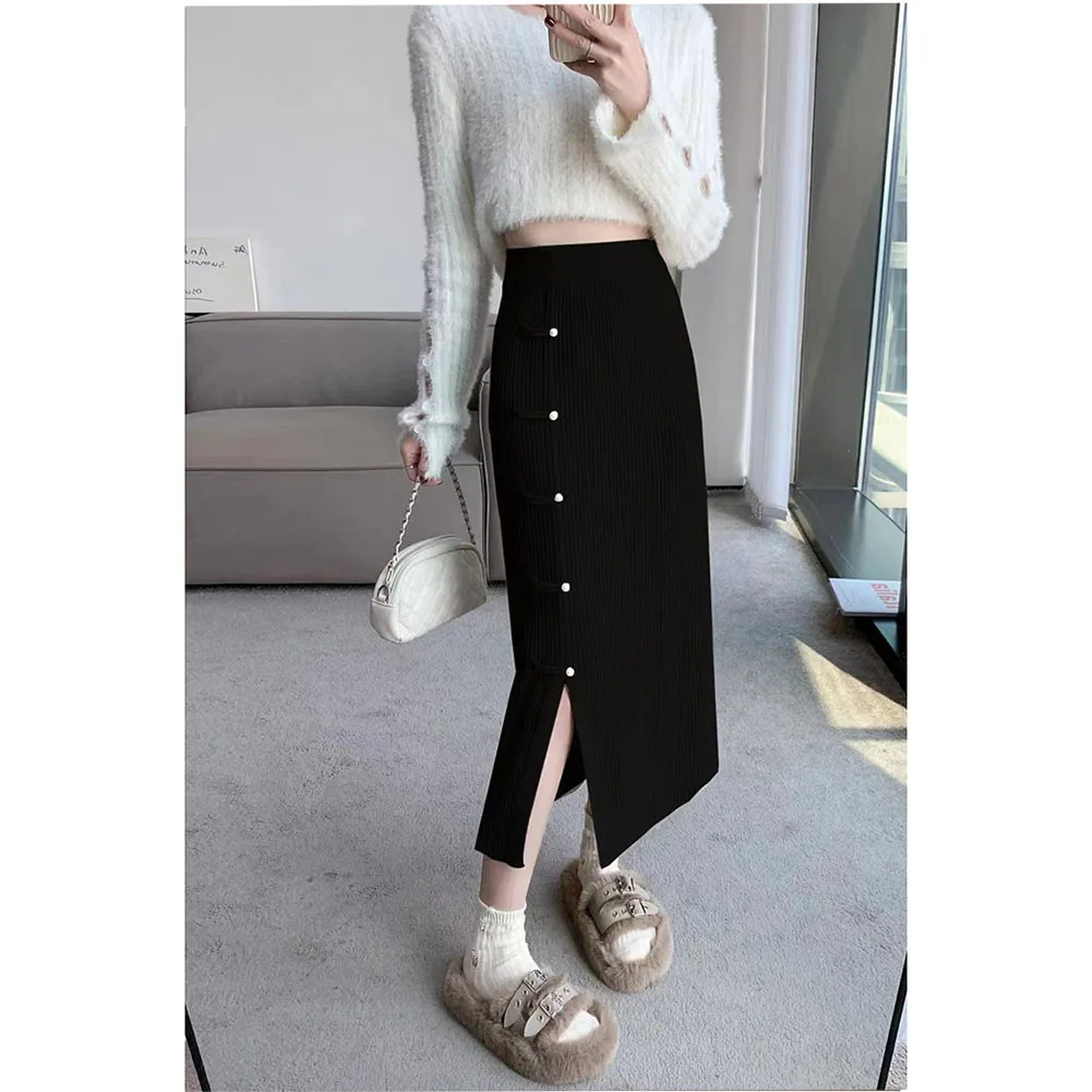 Stylish 2025 Spring New Women\'s Slim Knitted Skirt Straight A Line with Retro Buckle Detail and Eye Catching Slit Feature