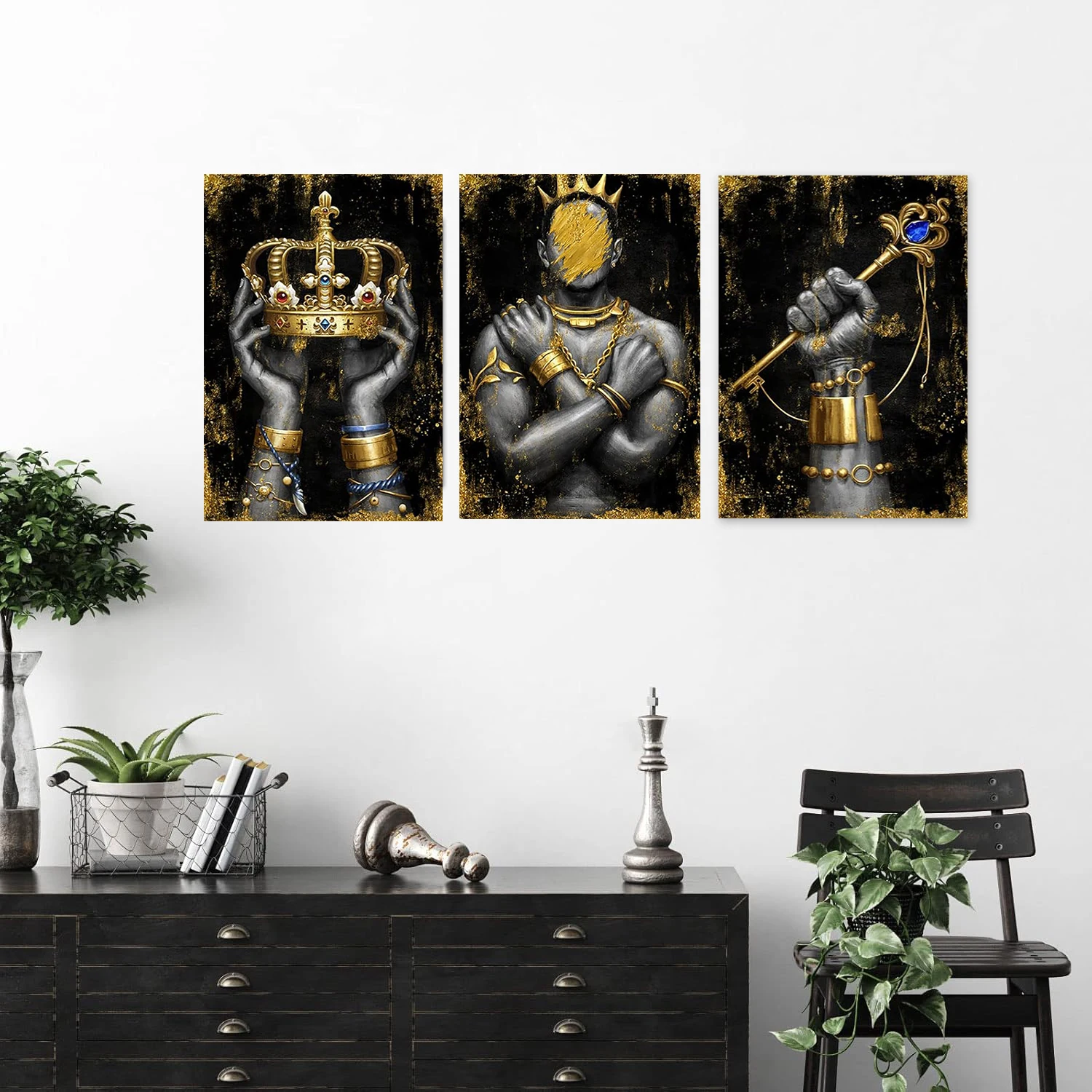 

3pcs/set, Black and Gold African American Man Canvas Wall Art, Hands with King Crown Scepter Poster Print, for Living Room Decor