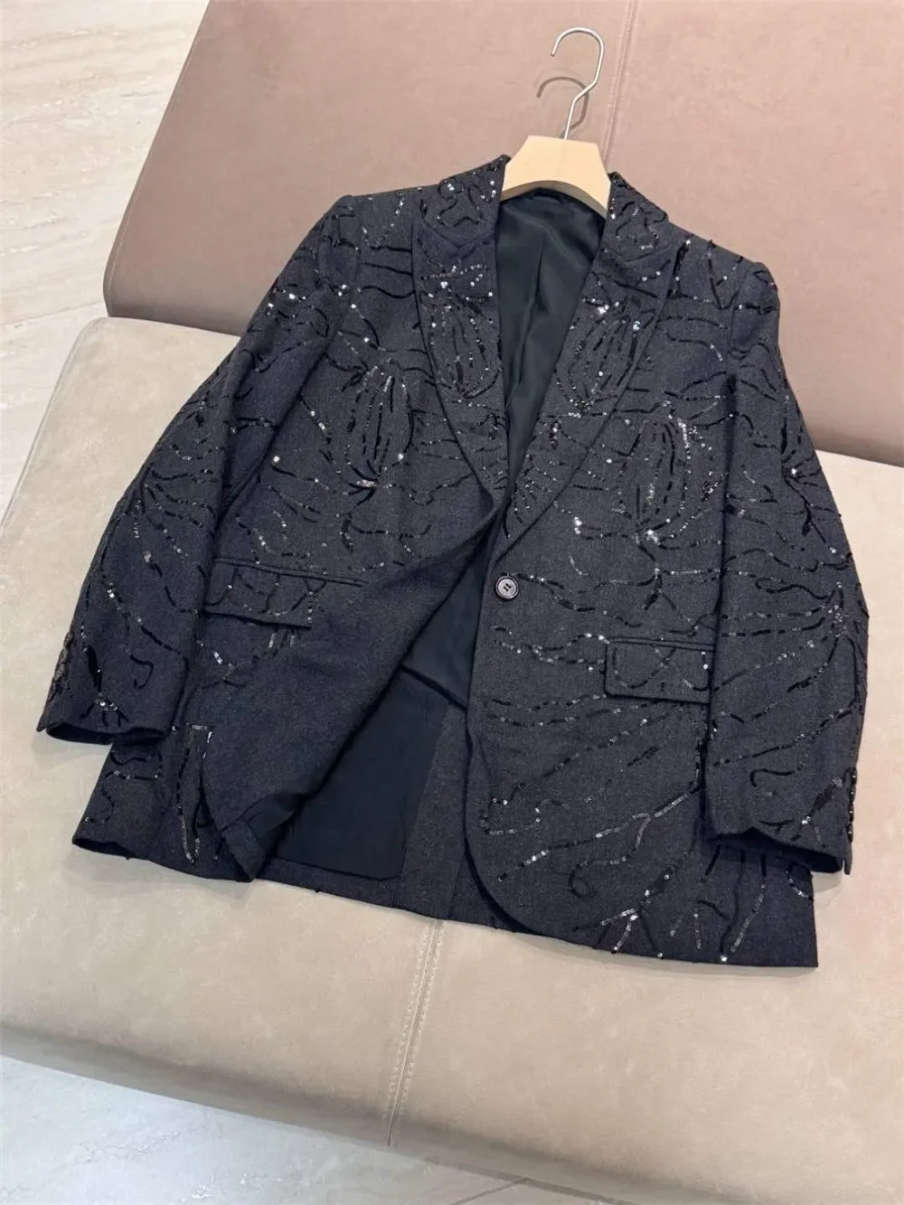 Heavy Sequined Women's Suit Jacket Spring 2025 Single Button Long Sleeve Fashion Ladies Blazer