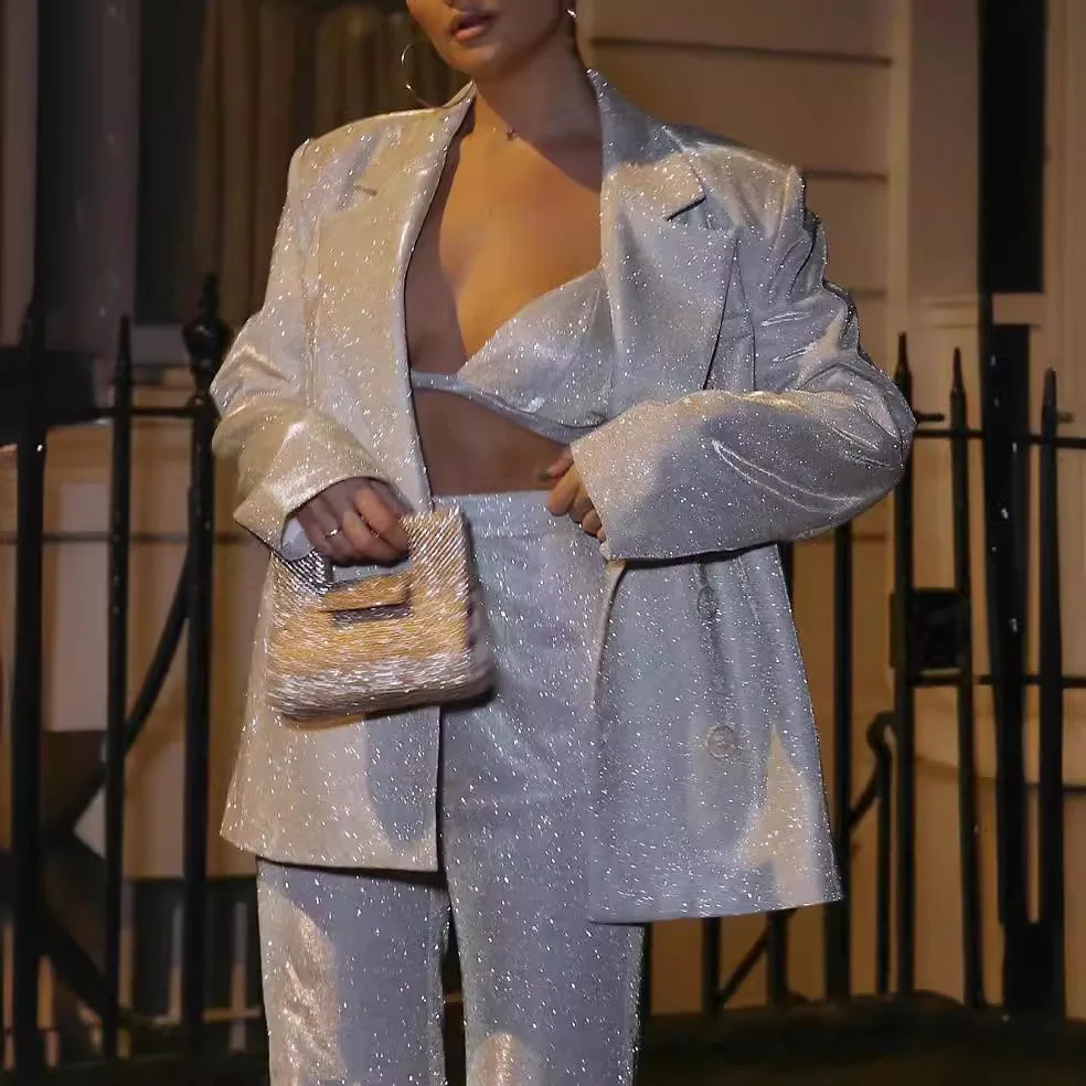 Fashion Trend Shiny Blazer Three-piece Set Women Silver Long Sleeve Blazer Coat Vest Straight Pants 3 Piece Sets Streetwear New