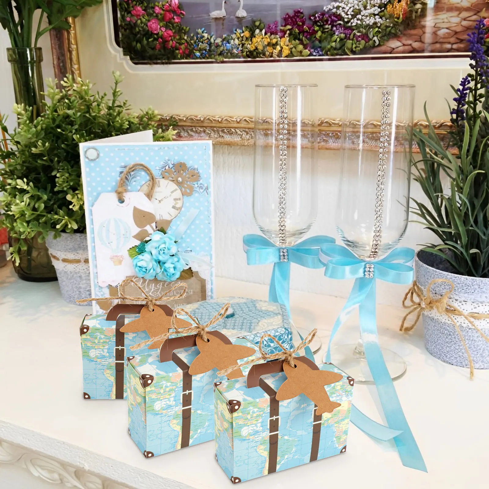 50/100Pc Vintage Party Favor Candy Box with Aircraft Tags Reusable Mini Suitcase Favor Box for Travel Themed Party Bridal Shower view 2